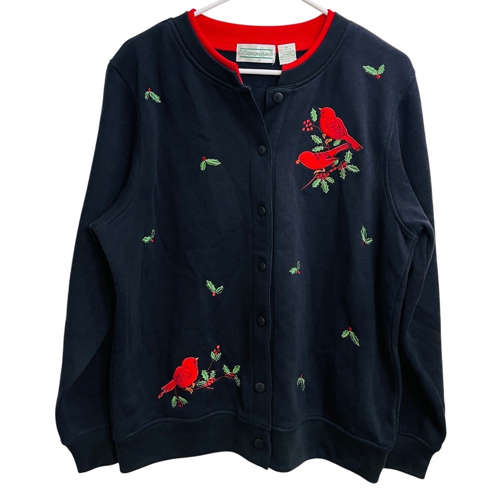 Vintage 90s Black Gay Cardinal Holly Christmas Grandma Cardigan Sweater Womens M